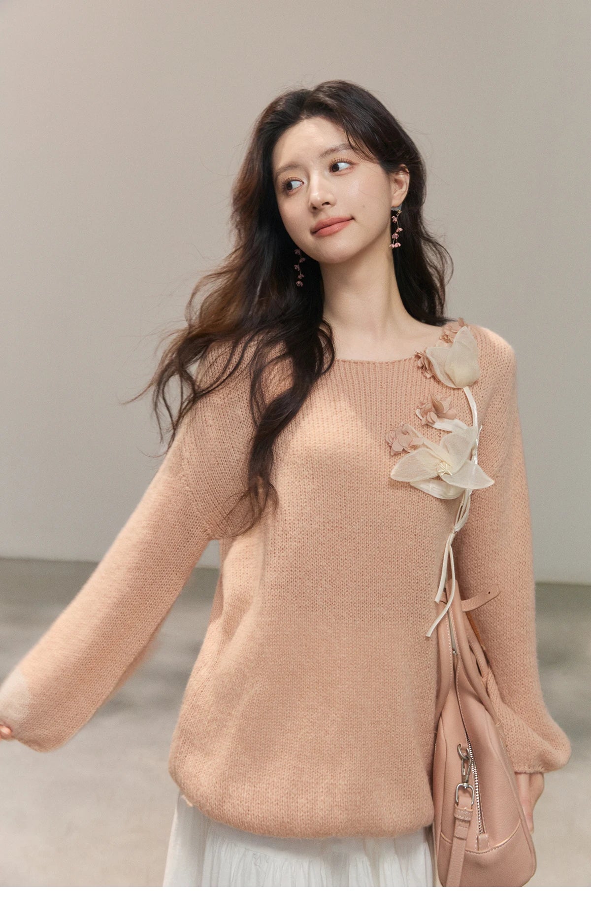 MISHOW 3D Floral Applique Crew Neck Knit Thin Sweater 2026 Spring Loose Casual Elegant Top Soft Pinkish Beige Sweater MXE47Z2649