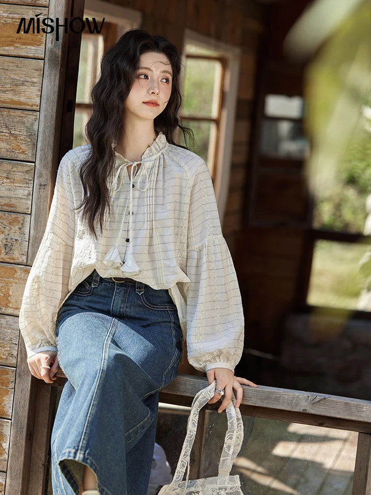 MiSHOW French Striped Blouses Women Spring New 2025 Long Sleeve Lace Collar Shirts Female Fashion Solid Chiffon Tops MXE12C0387