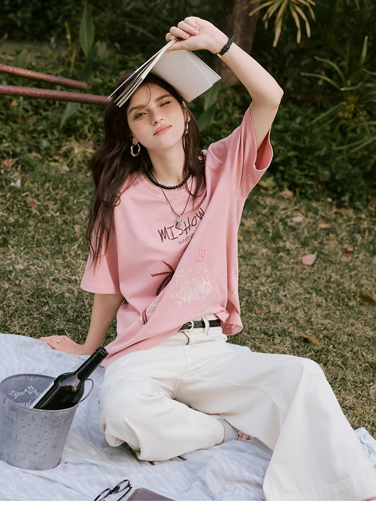 MISHOW Casual Print T-shirts Women 2025 Summer New Short Sleeve Round Neck Coconut Tree Pattern Shirt Woman Holiday MXE31T0516