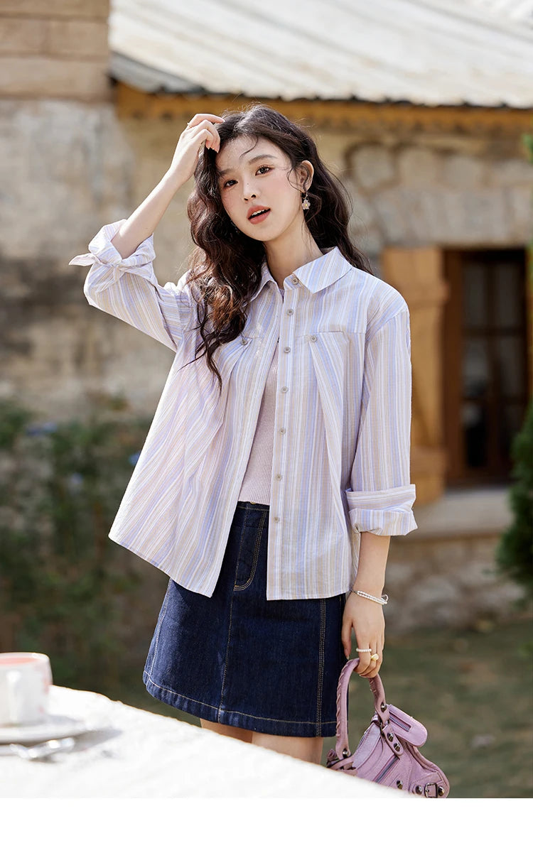 MISHOW Purple Striped Loose Shoulder Shirt for Women 2025 Casual Turn-down Collar Top Single Breasted Commuting Shirt MXE13C0407