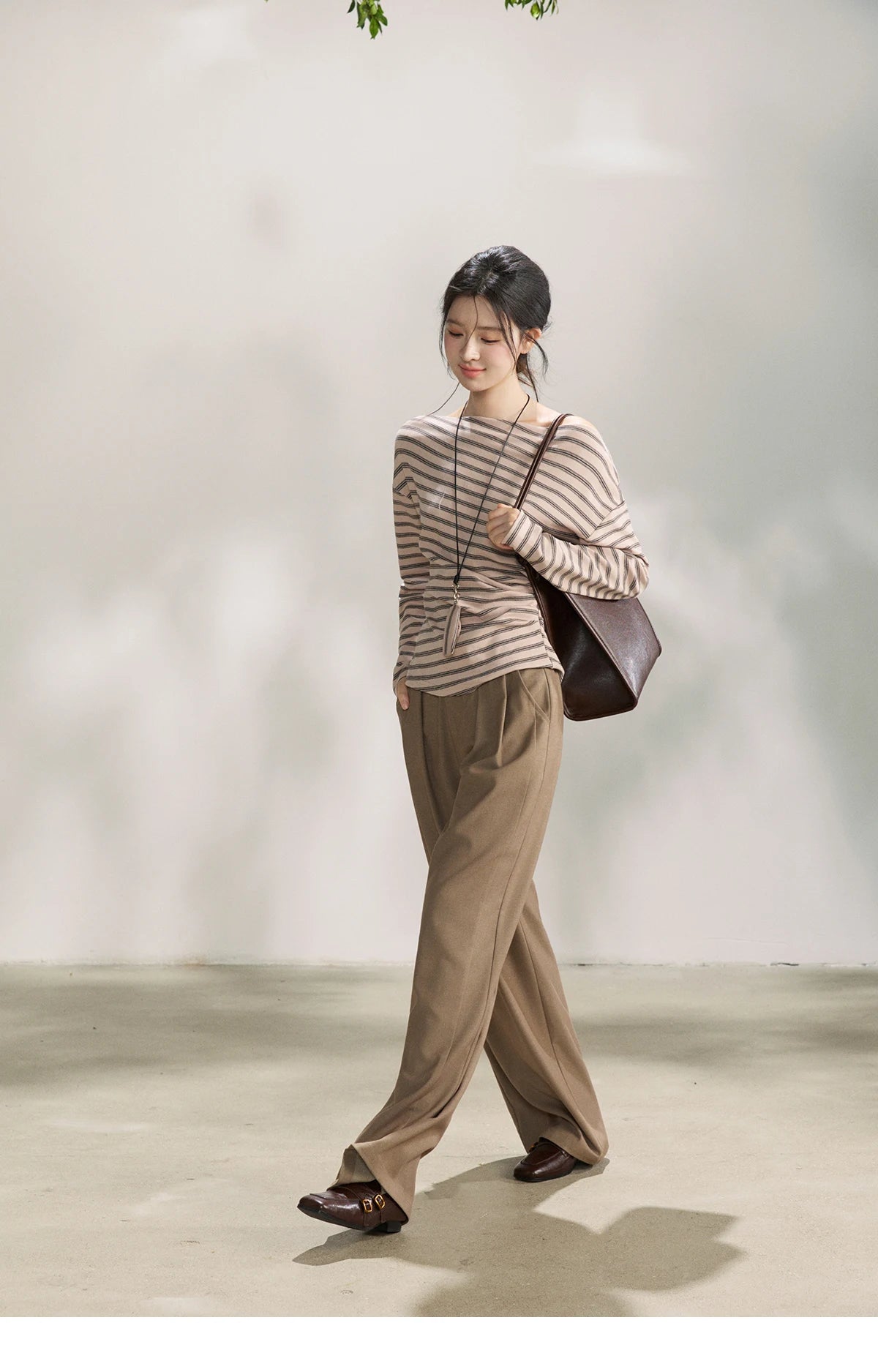 MISHOW Striped Boat Neck Long Sleeve Tops 2026 Spring Ruched Side SlimCasual Soft Breathable T-Shirt with Necklace MXF13T1514