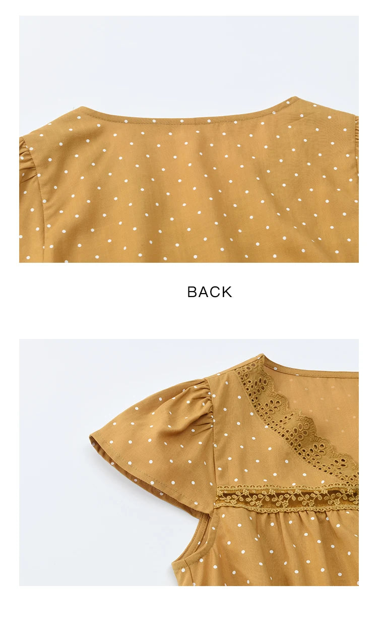 MISHOW Women's V-neck Lace Splicing Blouse 2025 Summer New Ladies Fashion Polka Dot Hollow Ruffle Button Female Top MXE38X1847