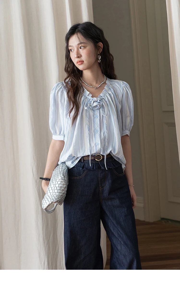 MISHOW Women's Striped Casual Shirt 2025 Summer New Lady Fashion Puff Sleeve V-Neck Button Blue Shirt Female Clothing MXE36X1870