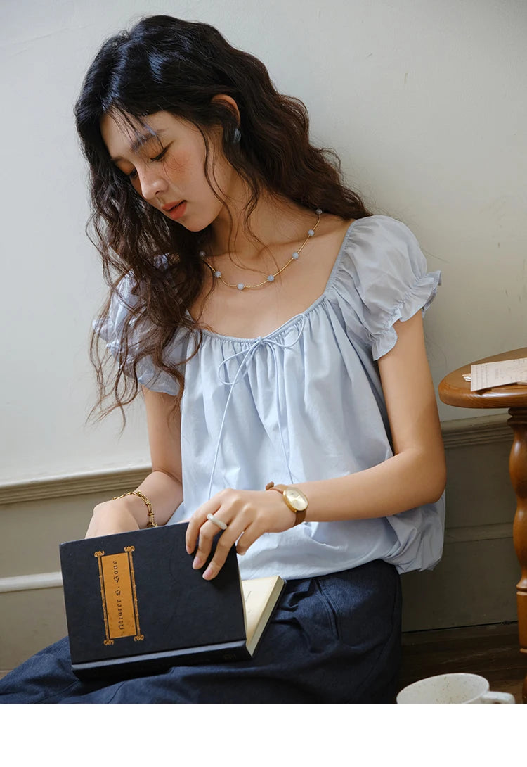 MISHOW 100% Cotton Blouse for Women 2025 Summer New Fashion Puff Sleeve Casual Commute Lace Up Top Ladies Clothing MXE37X1893