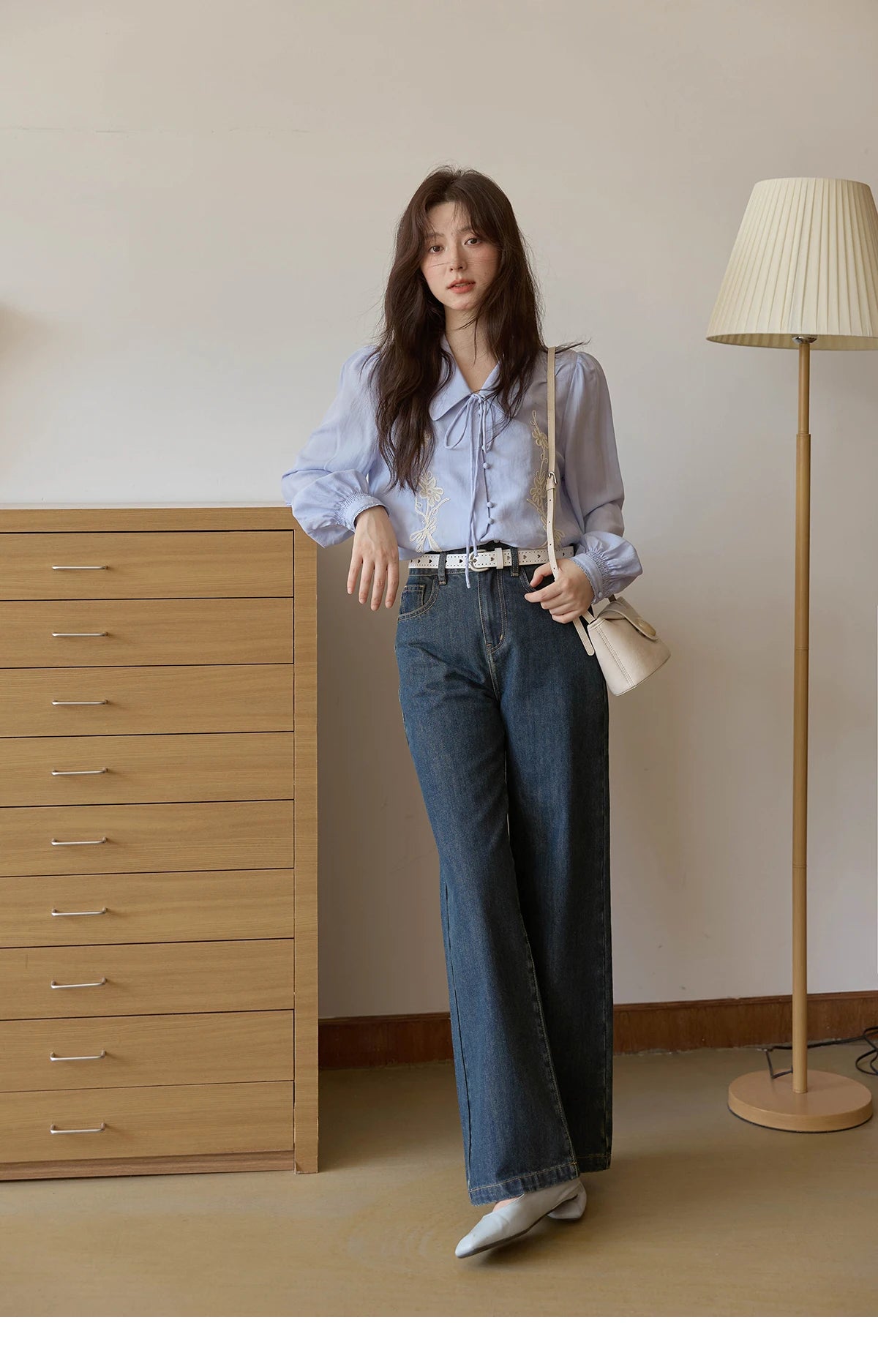 MISHOW Women's 100% Lyocell T-Shirt 2025 Autumn Flower Embroidered Tops Puff Sleeves Lapel Lace-up Shirts Office Lady MXE42C2371