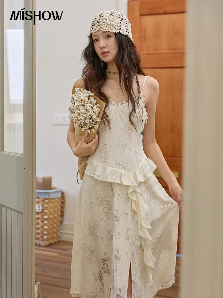 MISHOW Bohemian Apricot Lace Camisole Inner Dress Autumn Irregular Ruffle Tassel Hem Dresses Front Side Fork Dress MXE43L2449