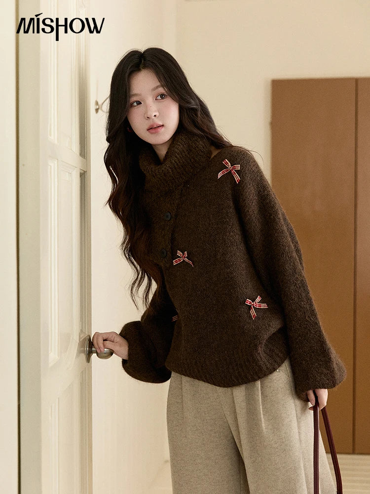 MISHOW Women's French Retro Plaid Bow Sweater 2025 Winter Detachable Shawl Collar Thick Lantern Sleeve Knitted Tops MXE93Z2946