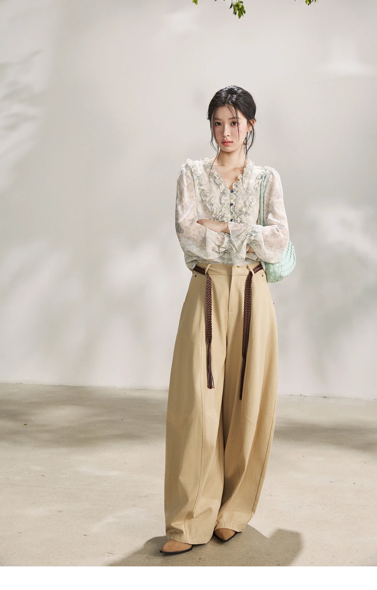 MISHOW Women's Khaki Wide Leg Pants 2026 Spring High Waist Belted Pants Rear Fake Pocket Design Casual Loose Trousers MXF13K1237