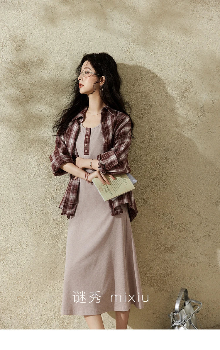 MISHOW Women's Plaid Shirt Grey Vest Dress Separately Spring Lapel Collar Shirt U-neck Sleeveless Dresses (Not A Set) MXE13L2093