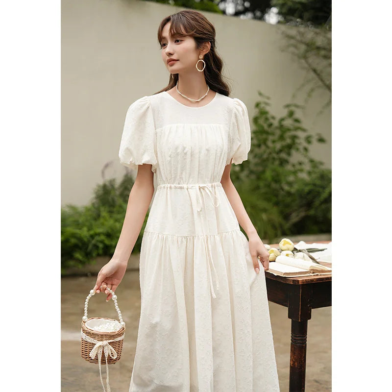 MISHOW French Draw String Waist Dress 2023 Summer Short Sleeve A-LINE Puff Sleeve O-Neck Pullover Elegant Solid Dress MXC38L1415