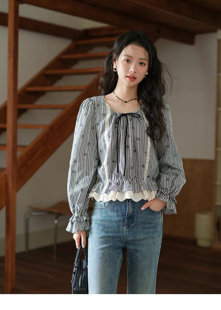 MISHOW Black Striped Blouse Lace-Up Bow Round Collar MXE41X1948