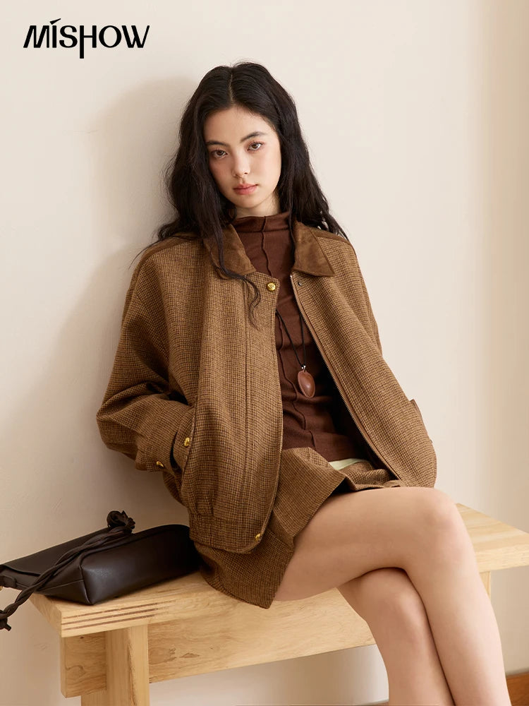 MISHOW Woman 2 Piece Outfit Set 2025 Autumn Retro Commuter Zipper Jacket Mini Pleated Skirt Plaid Fashion Skirt Suit  MXE49T1393