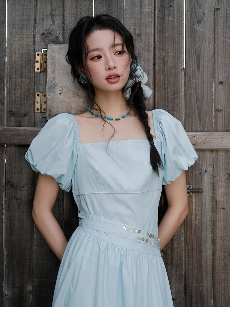 MISHOW Women's Square Neck Short Sleeve Dress 2025 Summer New Fashion Puff Sleeve Double Belt Dresses Ladies Clothing MXE34L2222