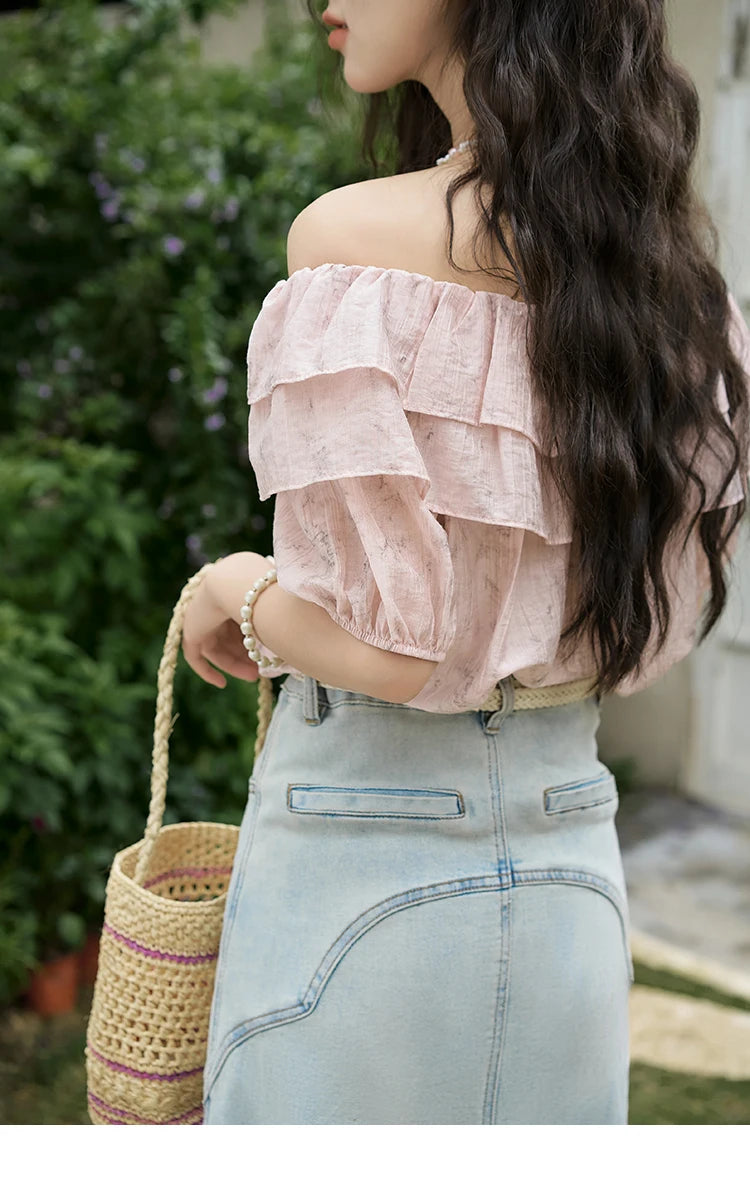 MISHOW French Retro Floral Short Sleeve Blouses Summer 2025 Loose One Line Shoulder Ruffled Edge Lace Up Sweet Top MXD25X1520