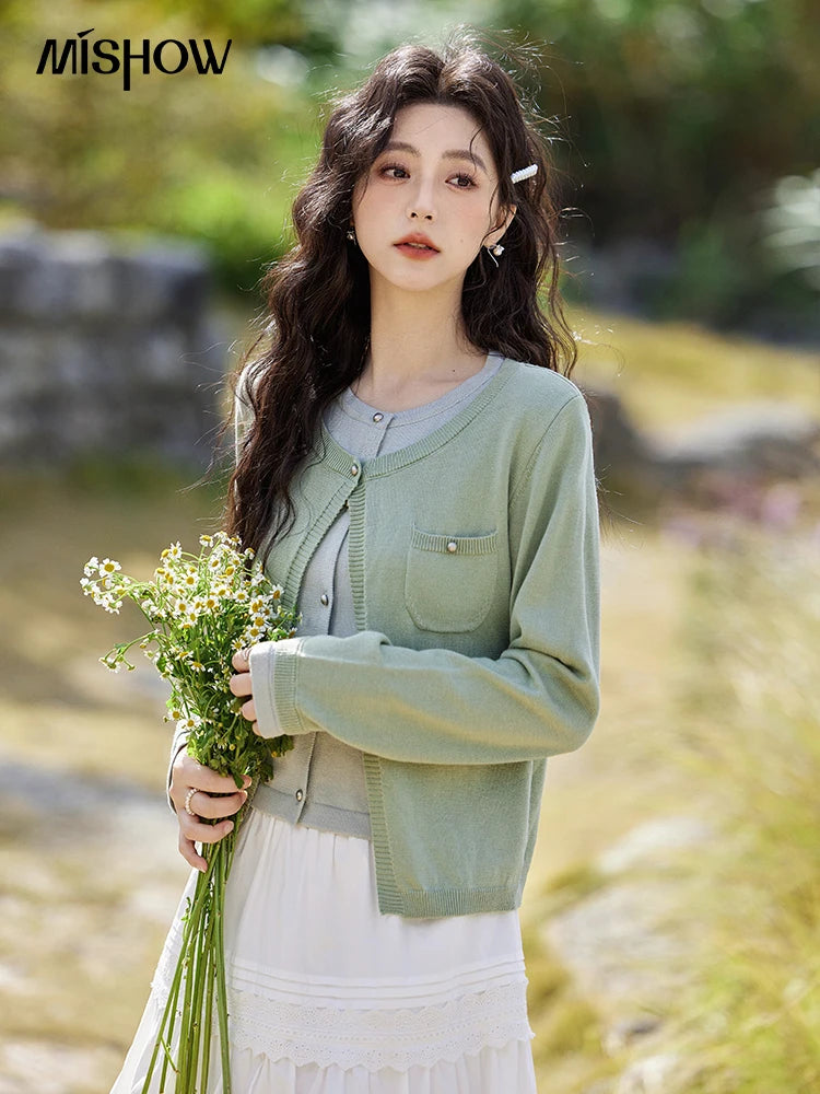 MISHOW Wool Knitted Cardigan Fake Two-piece Contrasting 2025 Spring Women Slim Fit Top O Neck Patch Pocket Sweaters MXE12Z1144