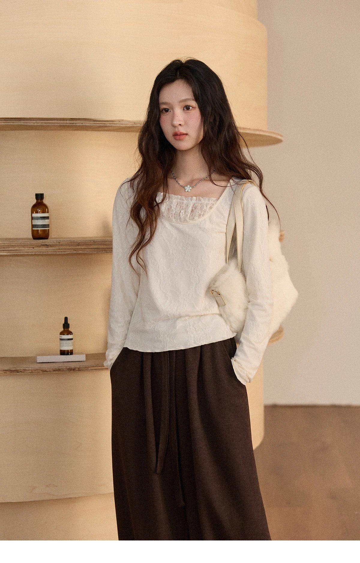 MISHOW Women Long Sleeve Tees 2025 Autumn Winter Elegant Beige Lace Patchwork Top Women Large U-neck Slim Fit Top MXE91X2514