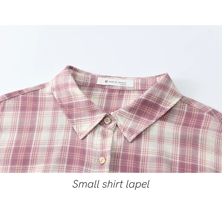 MISHOW Women's 100 Cotton Long-sleeve Purple Plaid Shirt Spring 2025 Loose Pockets Casual Shirts Korean Polo Neck Top MXE14C0417