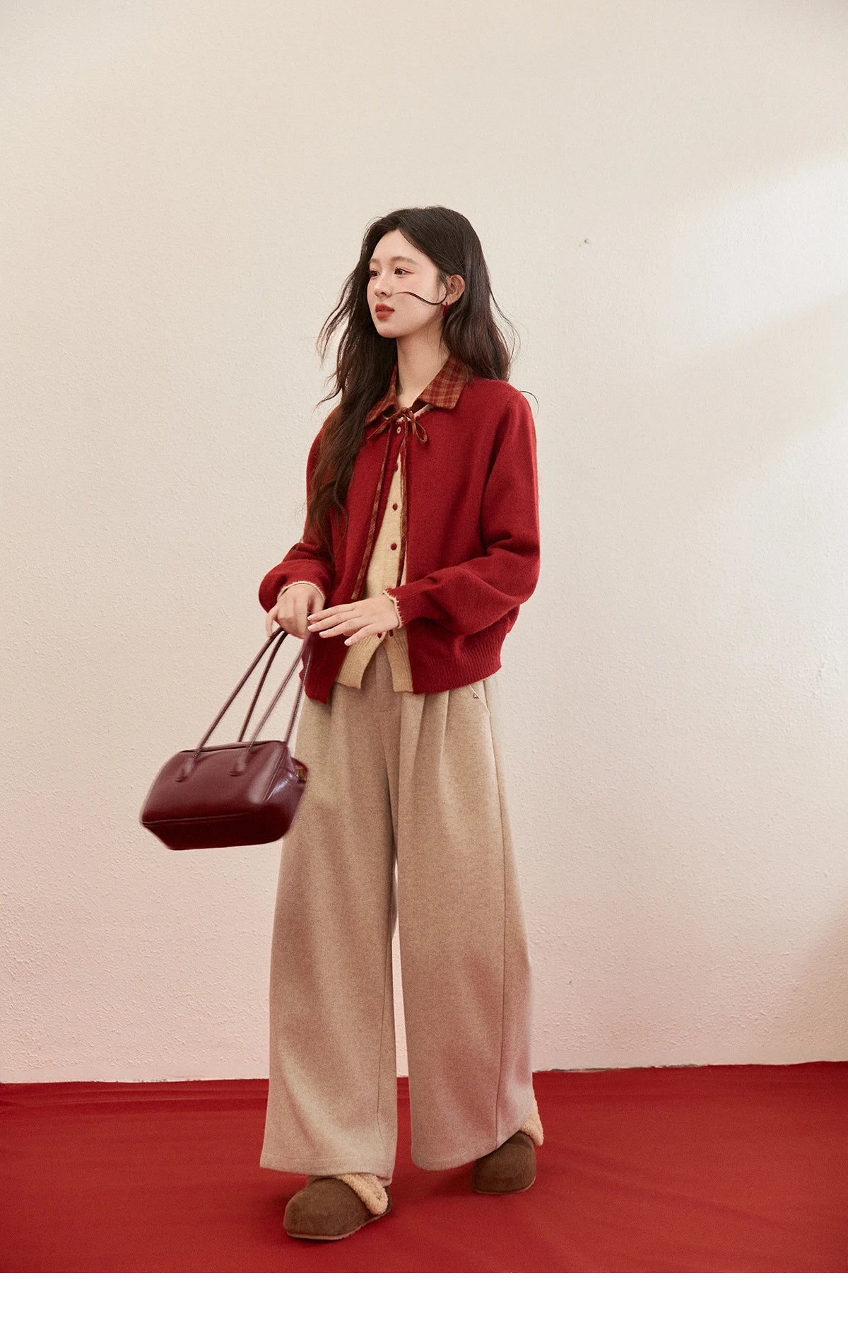 MISHOW Color Block Contrast Fake Two-Piece Cardigan Women Winter Removable Plaid Collar Tie Thickened Knitted Sweater MXE93Z2816