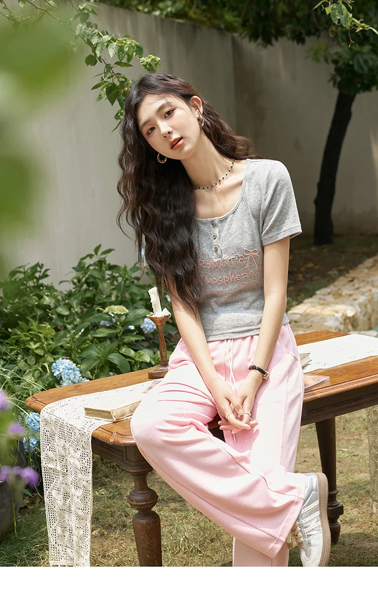 MISHOW Waffle Texture Fabric Loose Versatile Pants Summer Pocket Embroidered Elastic Waist Drawstring Casual Trouser MXD14K0608