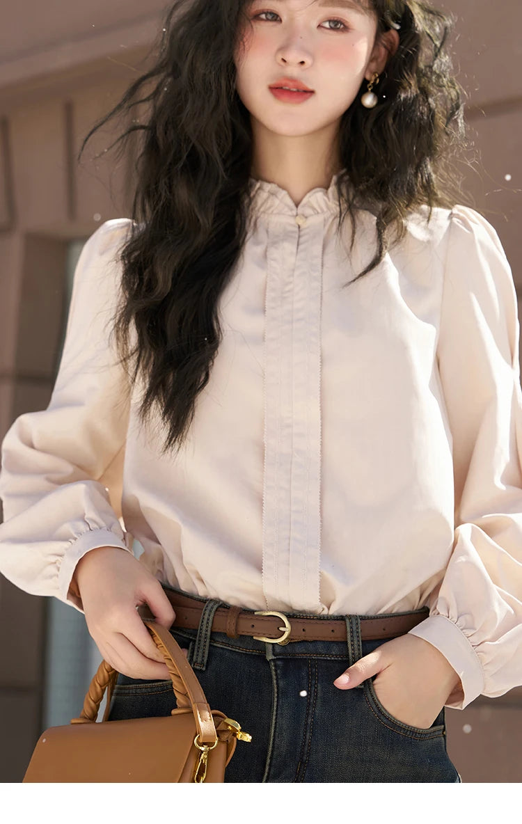 MISHOW French Autumn Winter Button Up Lantern Long Sleeve Shirts Women Ruffle Neck Thick Warm Blouse Flannel Shirt MXC56X1320