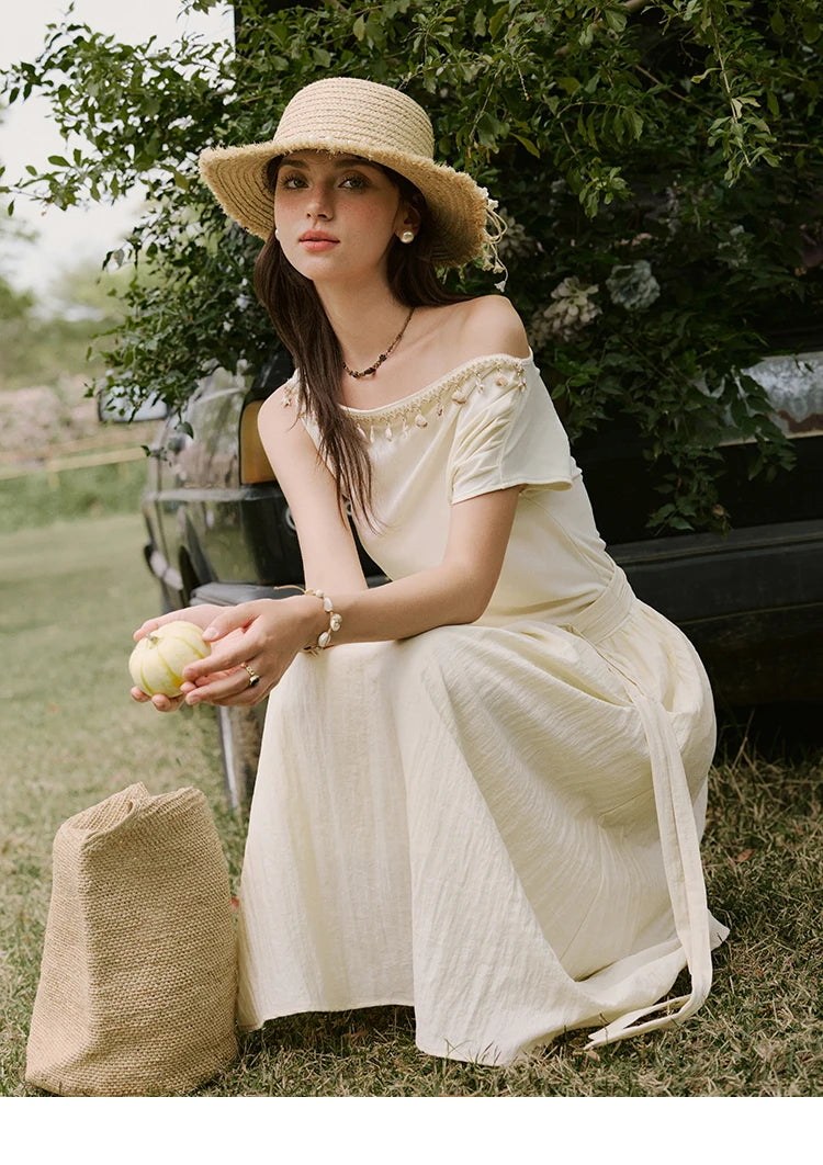 MISHOW Holiday Summer Dresses Women 2025 New Short Sleeve Shell Webbing Oblique Collar Slim Midi Dress Female Fashion MXE31L2189