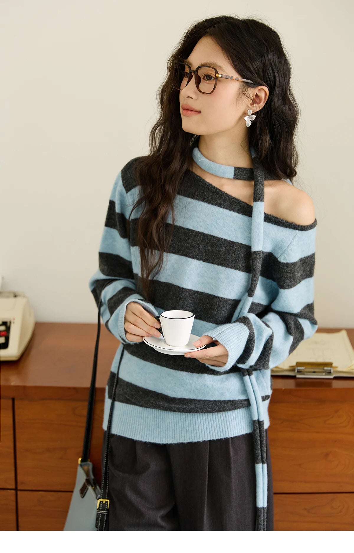 MISHOW Blue Gray Stripe Knitted Top 2025 Autumn Slanted Shoulder Collar Sweaters with Ribbon Loose Wool Blend Sweater MXE46Z2540