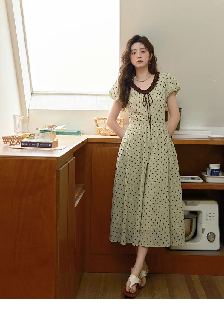 MISHOW Women's Casual Polka Dot Dress 2025 Summer New Ladies Puff Sleeve V-neck Lace Up Ruffle Edge Pocket Dresses MXE39L2326