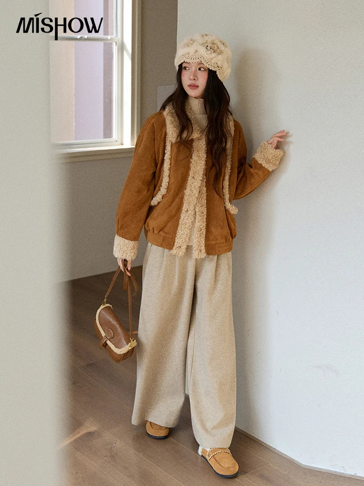 MISHOW Woman Short Jacket 2025 Winter Retro Brown Suede Patchwork Fur Coat Loose Faux Lambswool Turn Down Collar Coat MXE89W0895