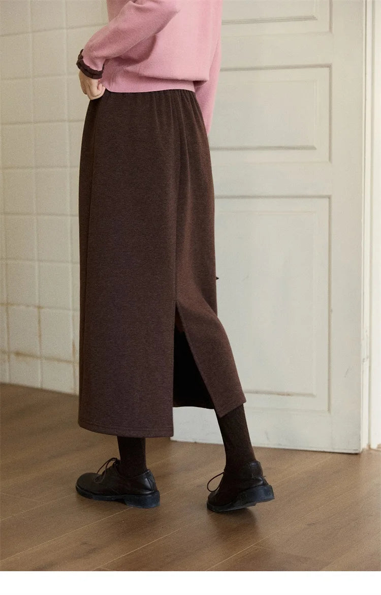 MISHOW Woman Brown Skirt 2025 Retro High Waist Loose Fitting Half Body Skirt with Back Split Straight Leg Long Skirt MXE90B2447