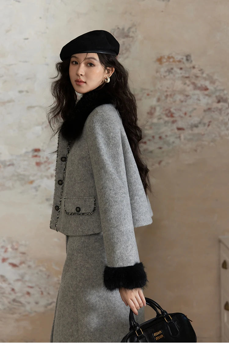 MISHOW Short Tweed Jacket Temperament Midi Skirts Separately Color Clash Lace Design Winter Skirt Thickened Coat MXD54W0553