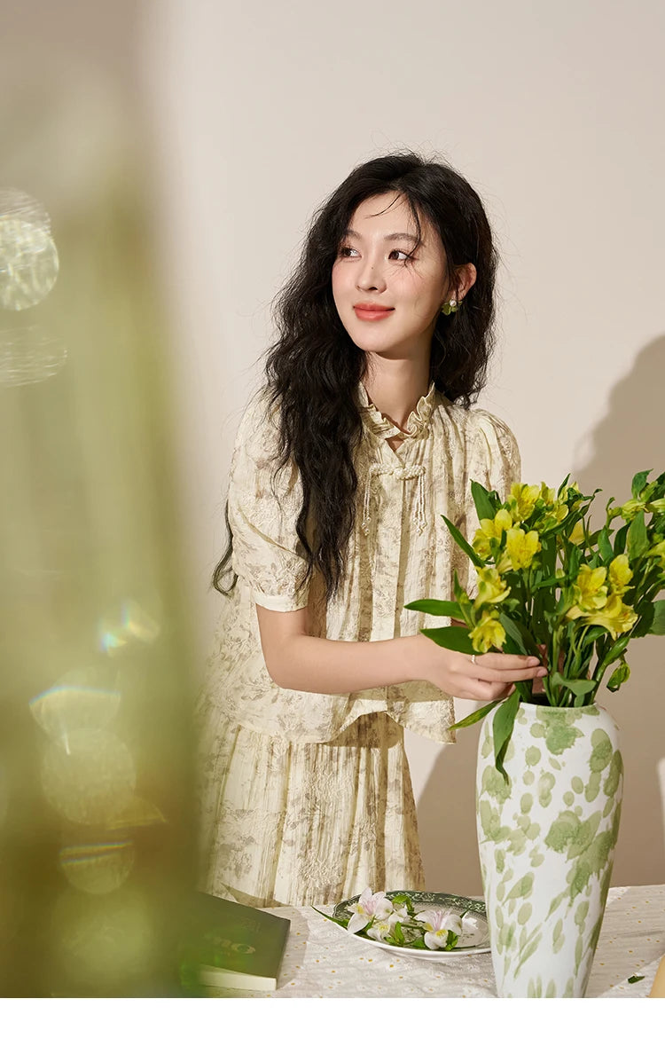 MISHOW Chinese Chiffon Embroidered Shirt A-line Skirt Separately Summer Puff Sleeve Top Rear Elastic Waist Skirt MXD24X1405