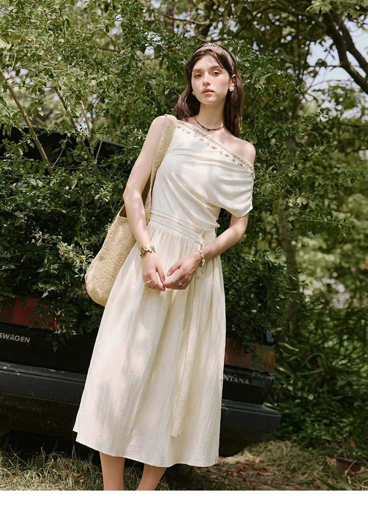 MISHOW Holiday Summer Dresses Women 2025 New Short Sleeve Shell Webbing Oblique Collar Slim Midi Dress Female Fashion MXE31L2189