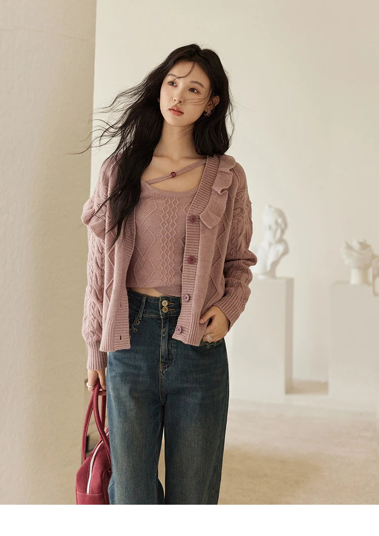 MISHOW Pink Knitwear Camisole Cardigan Separately 2024 Fall Fashion Sweet Knitted Vest Asymmetric Flounce Sweaters MXD45Z0781