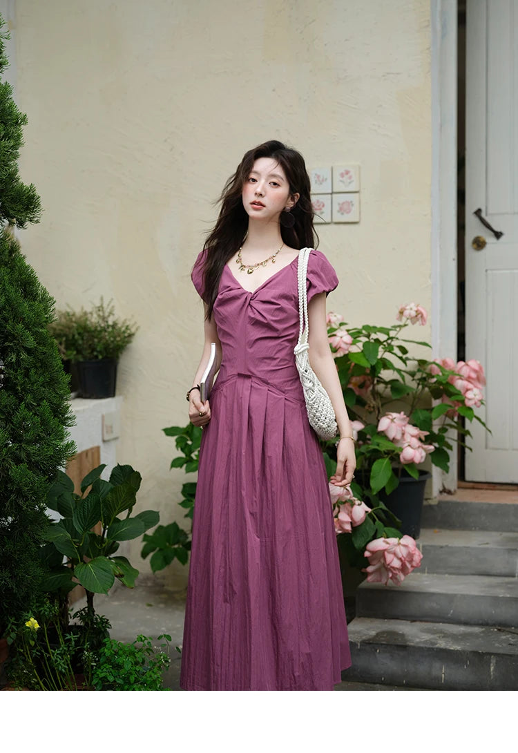 Mishow V-Neck Puff Sleeve Solid Vacation Dress MXE39L2384