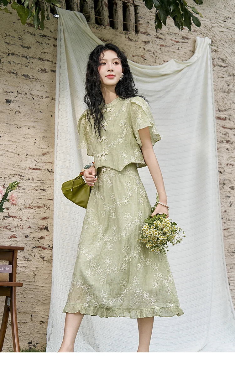 MISHOW Chinese Green Stand Collar Lotus Leaf Overlapping Sleeve Top Hem Stringy Selvedge Skirt Separately 2024 Summer MXD22X1388