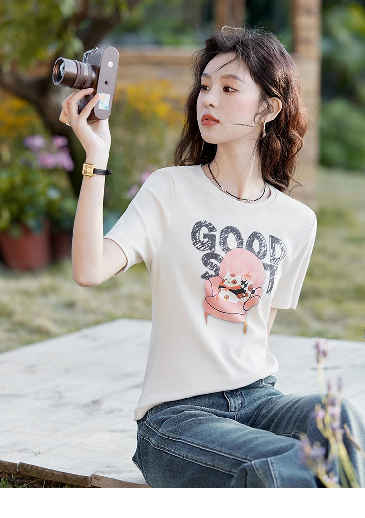 MISHOW Printed Cotton T-shirts for Women Spring 2025 Loose Slim Short Round Neck Tees Versatile Soft Casual Tops MXE13T0461