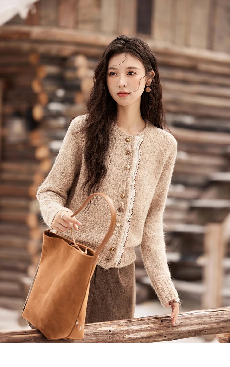 MISHOW Spliced Lace Knitted Cardigan O-Neck Sweaters Women Button Design Temperament Long Sleeved Tops Office Lady MXD58Z0998