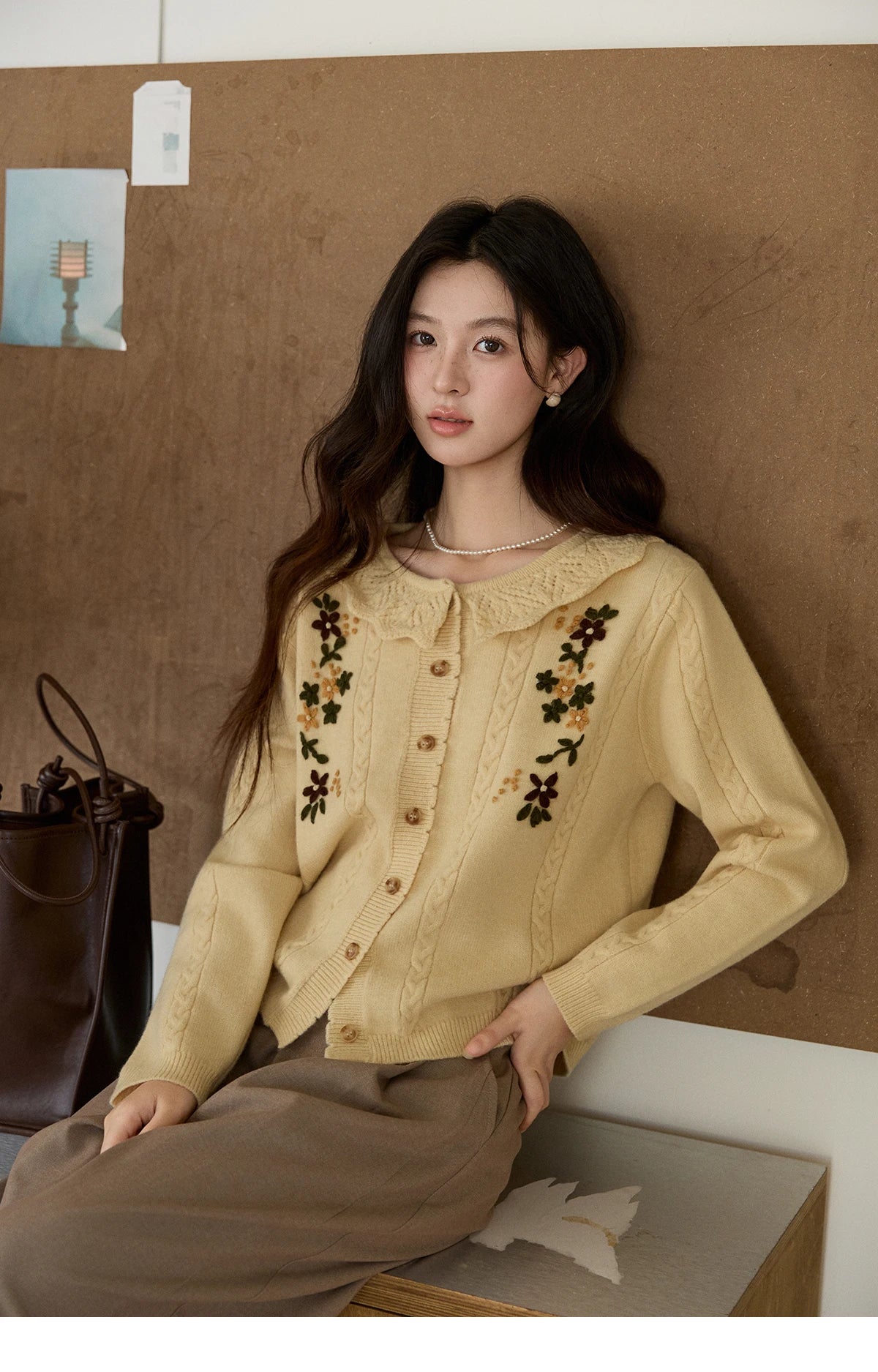 MISHOW Women's Cable Knit Cardigan Spring Peter Pan Collar Floral Embroidery Sweater Long Sleeve Casual Loose Tops MXF11Z2904