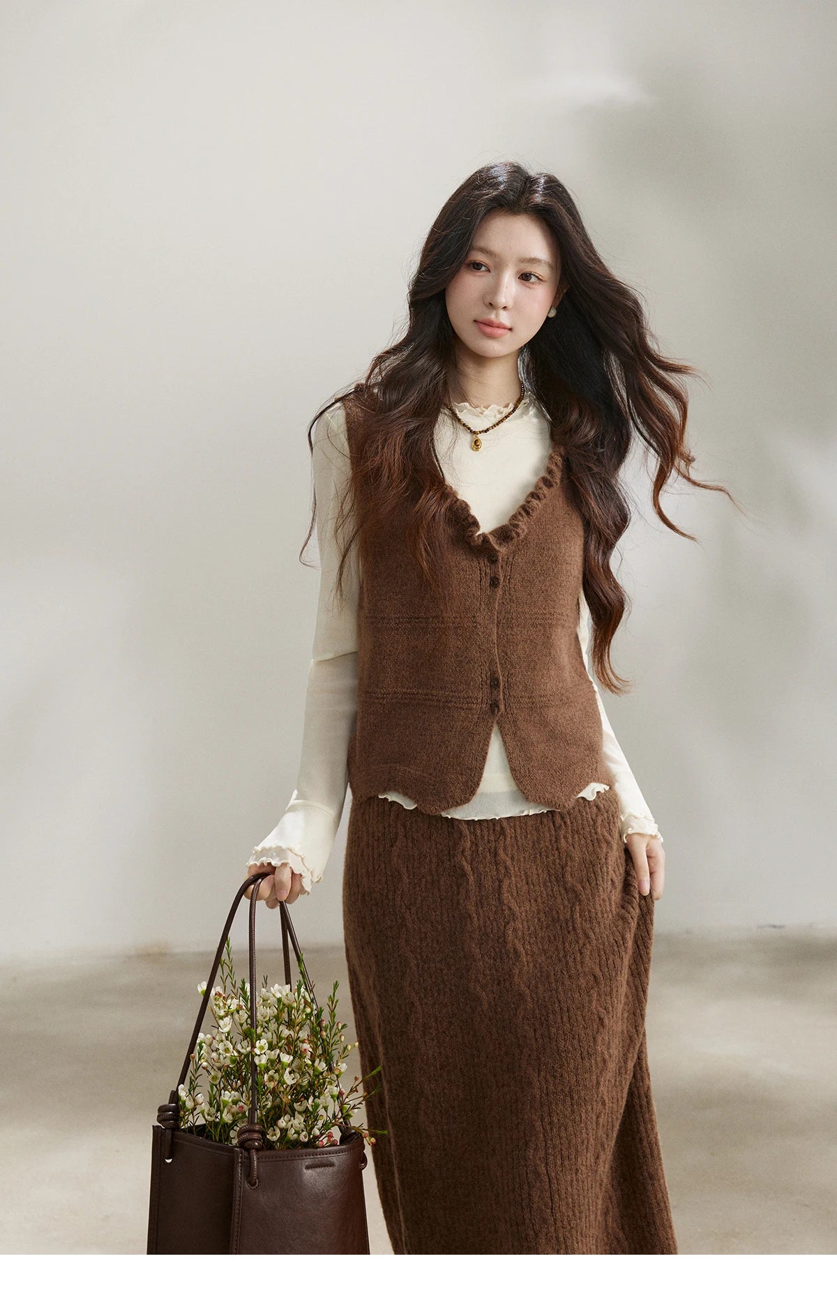 MISHOW Women's Brown Two-Piece Set 2026 Spring Knitted Vest V-Neck Cable Knit Maxi Skirt Casual Retro Warm Outfit MXF11T1460