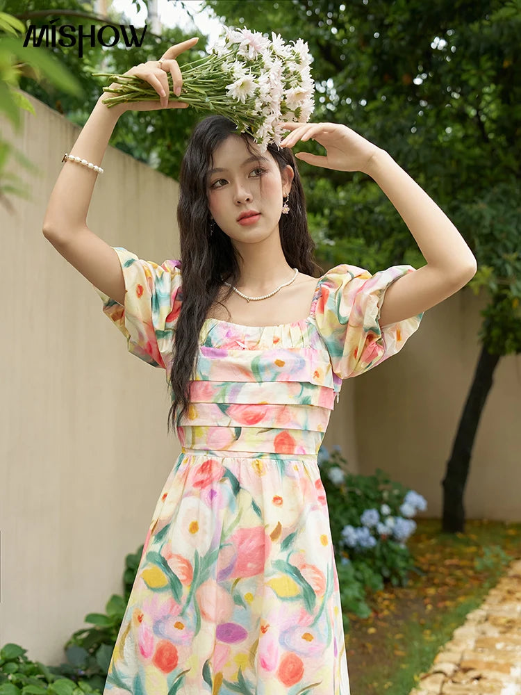 MISHOW French Tulip Fragmented Flower Dresses for Women 2024 Summer Beach Vacation Puff Sleeve Sweet Elegant Dresses MXD28L1896