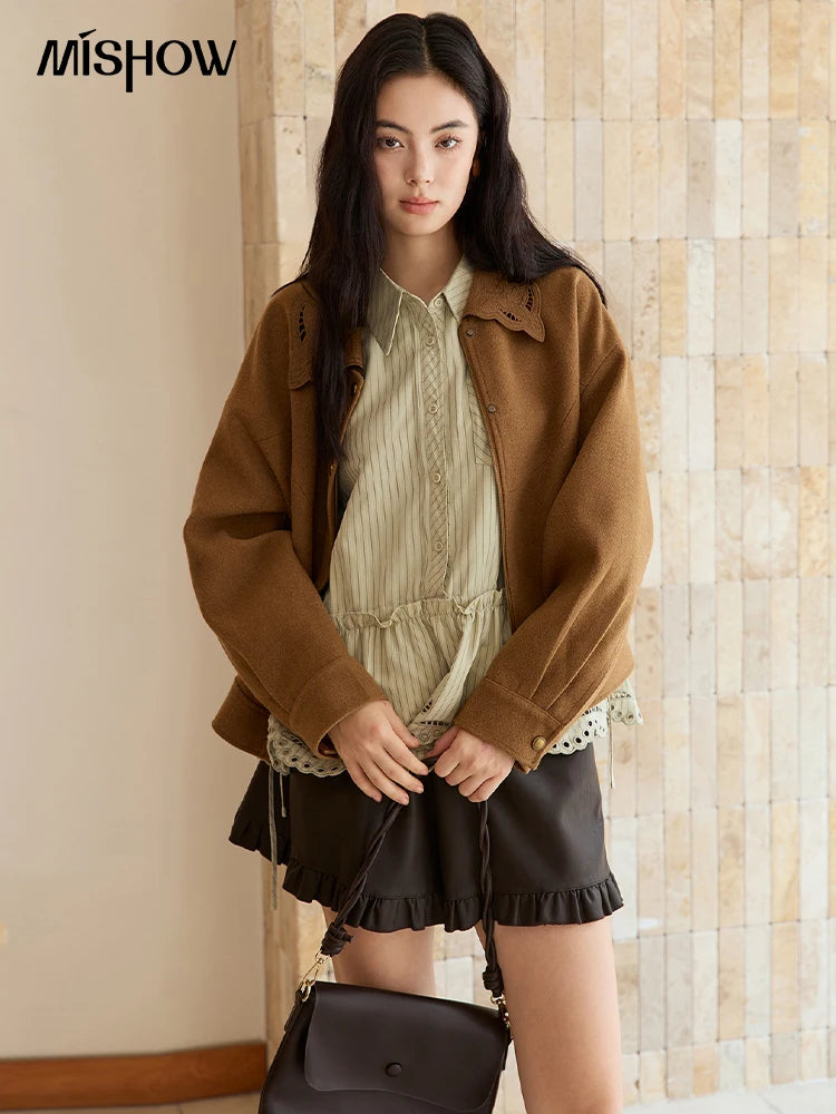 MISHOW Brown Woolen Coat for Women 2025 Winter Hollow Out Embroidery Turn Down Collar Retro Short Loose Casual Coat MXE49W0856