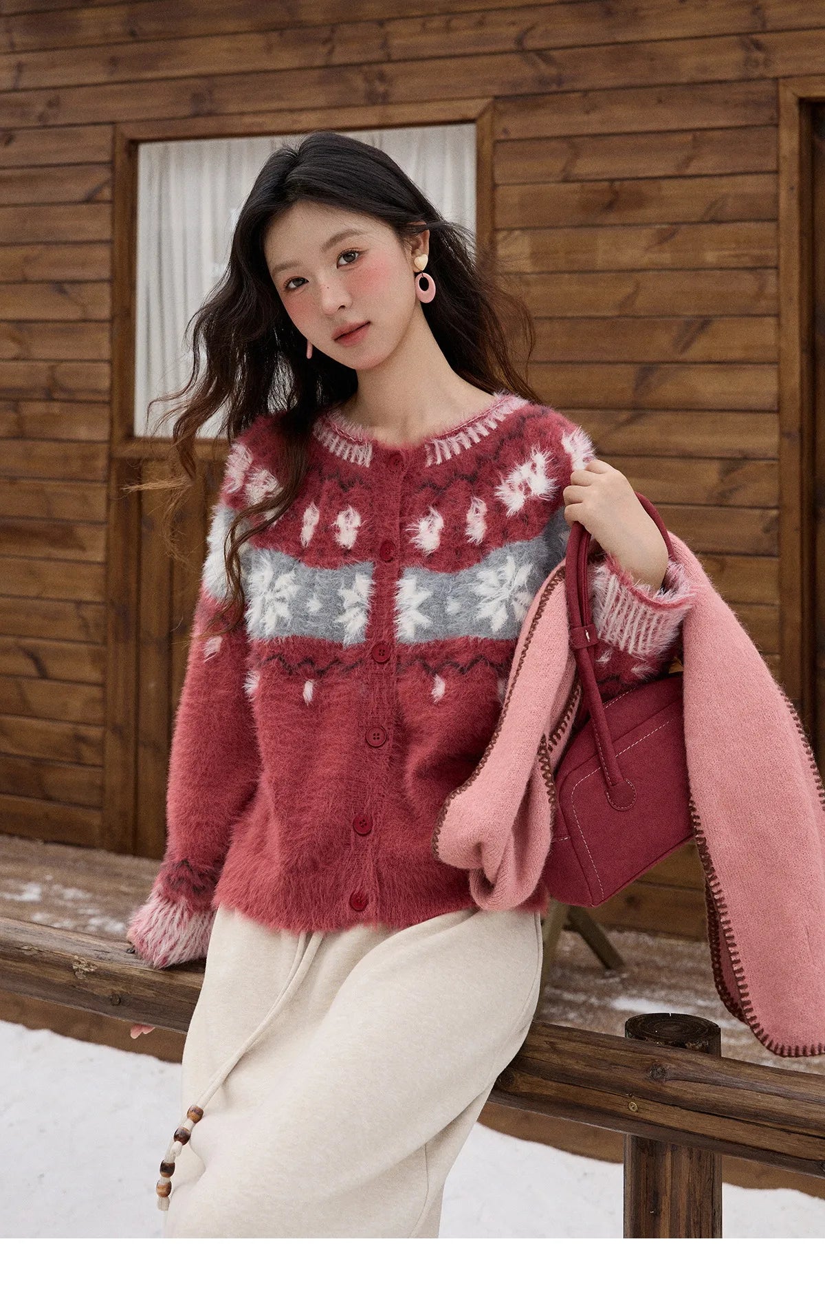 MISHOW Christmas Retro Red Imitation Mink Fur Soft Cardigan 2025 Winter Snowflake Jacquard Sweater Round Neck Tops MXE91Z2801