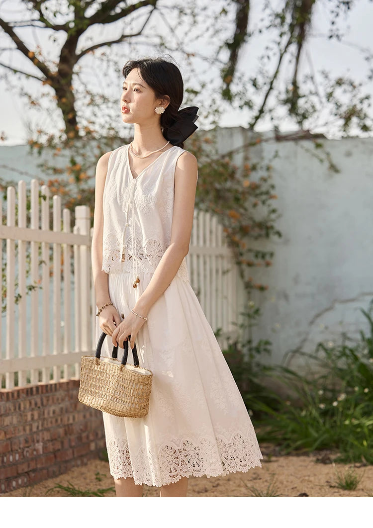 MISHOW 2 Pieces Set Woman Embroidery V-neck Hollow Lace Up Sleeveless Top Summer 2025 Slim Elastic Waist Skirt Set MXE33T0593