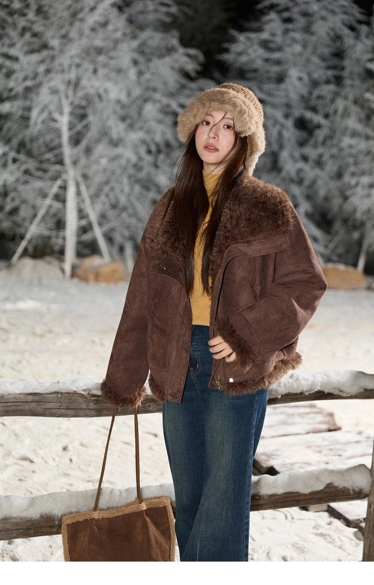 MISHOW Women's Blue Jacket 2025 Winter Blue Plush Turn-down Collar Zip-up Coat Fashion Casual Warm Loose Coat Woman  MXE87W0917