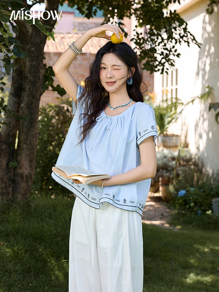 MISHOW Female Round Neck Lace Up 100% Cotton Blouse 2025 Summer Patchwork Embroidery Puff Sleeve Top Women's Clothing MXE39X1966