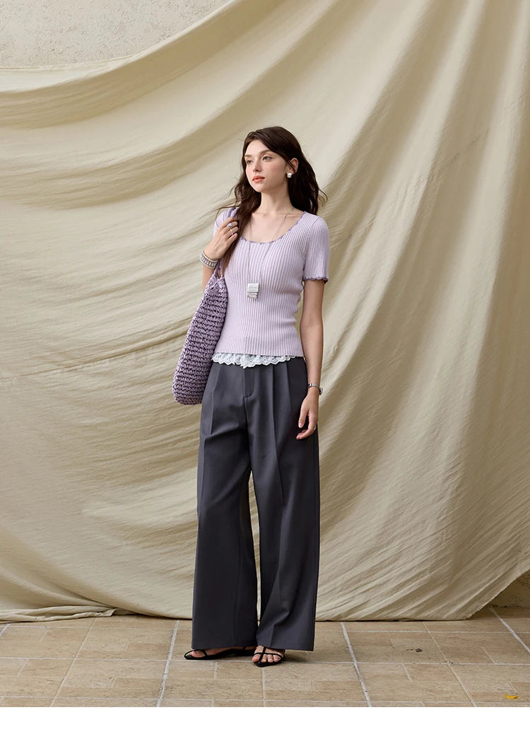 MISHOW Office Lady Summer Sweater Women 2025 New Solid Short Sleeve Lace Collar Contrast Color Hook Design Tops Slim MXE33Z1218