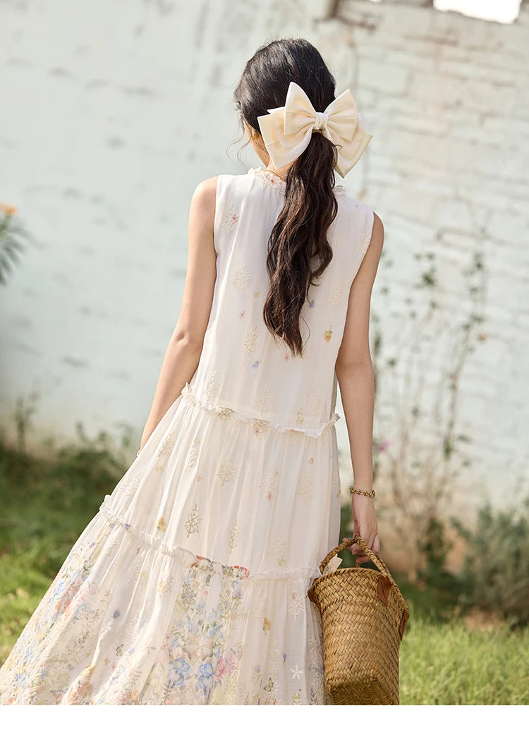 MISHOW Women's Fashion Sleeveless Print Dress 2025 Summer New Mushroom Edge O-Neck Lace Up Tassels Loose Midi Dresses MXE36L2253