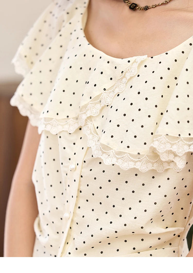 MISHOW Women's Apricot Polka Dot Shirt 2025 Summer French Ruffle Edge Patchwork Lace Shirts Short Sleeved Slim Top MXE34X1783