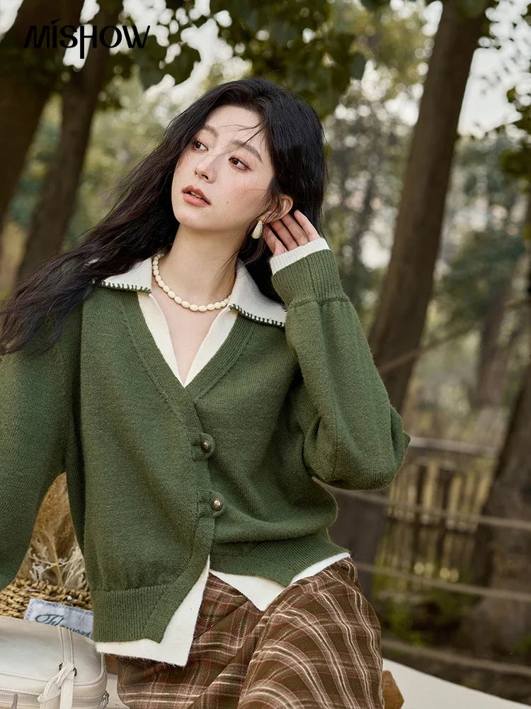 MISHOW Fake Two-piece Sweater Women Fashion Splicing Lapel Knitwear 2024 fall winter New Design Retro V-neck Cardigan MXD41Z0712