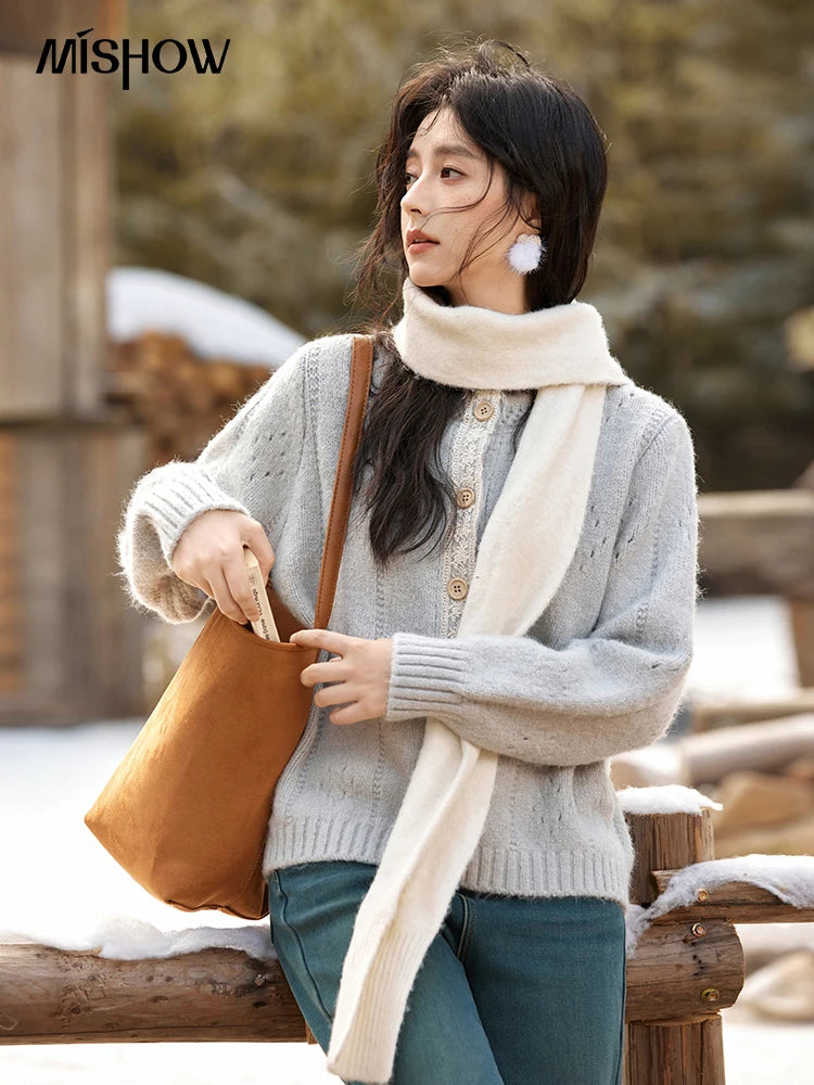 MISHOW Wool Blend Cardigan Pink Sweater 2024 Autumn Winter Women Clothes Sweet Top Knitted Sweater Outerwears MXD56Z1064